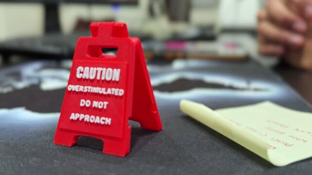 Close-up of a red caution sign on an office desk with sticky note and blurred hand using a mouse in a modern indoor workspace, captured with shallow depth of field and soft office light.