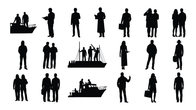 A collection of black silhouettes depicting various people and boats in different poses and groupings