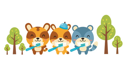 Fototapeta premium Three cute cartoon animals brushing teeth together in a kids hygiene education concept with bright colors and simple trees decoration against a white background.