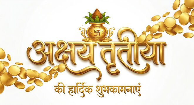 Akshaya Tritiya festive promotional design with golden coins, kalash and traditional Hindi typo design.