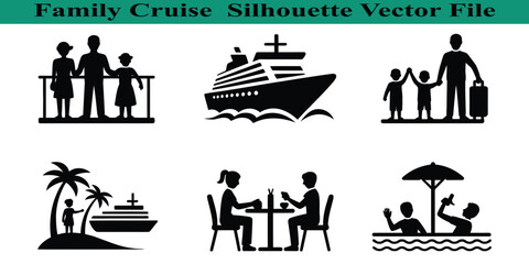 Fototapeta premium Family cruise vacation travel silhouette vector icons set