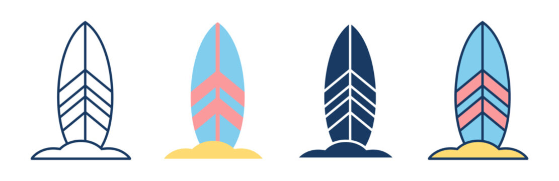 Surfboard icon set in four styles outline, flat, silhouette, and colored line. Retro summer vector elements perfect for surfing culture, beach lifestyle, travel, and modern UI design