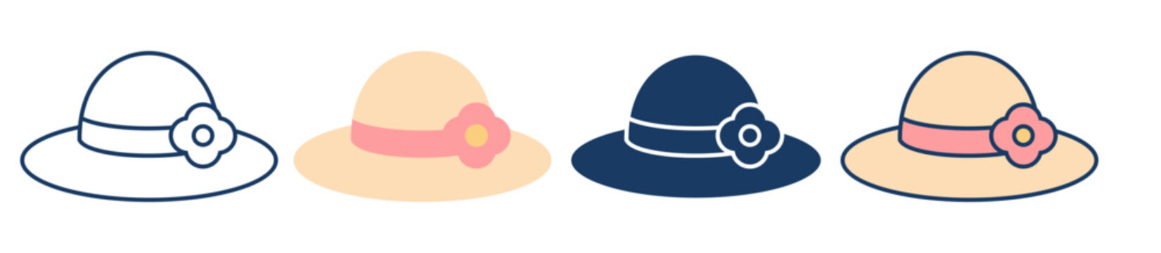 Summer sun hat icon set with flower detail in outline, flat, and silhouette styles. Perfect for fashion, beach travel, and seasonal designs. Clean modern vector for web and app UI