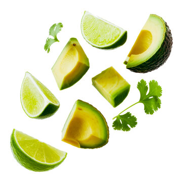 Various avocado pieces with lime wedges and cilantro leaves falling.