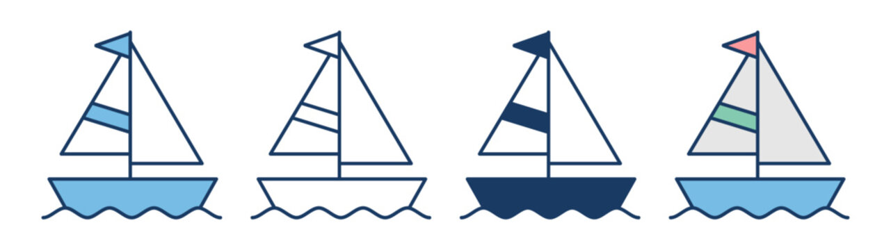 Sailboat icon set featuring flat, line art, and silhouette styles. Nautical vector elements perfect for summer vacation, sailing adventure, maritime travel, and minimalist web or app UI design