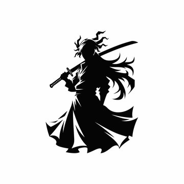Japanese samurai warrior silhouette with katana sword, ronin fighter in traditional kimono, martial arts master vector illustration for logo or tattoo