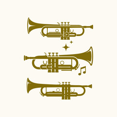 Obraz premium Gold Trumpet Musical Instrument Icons Set with Musical Notes and Stars for Jazz and Orchestra Design