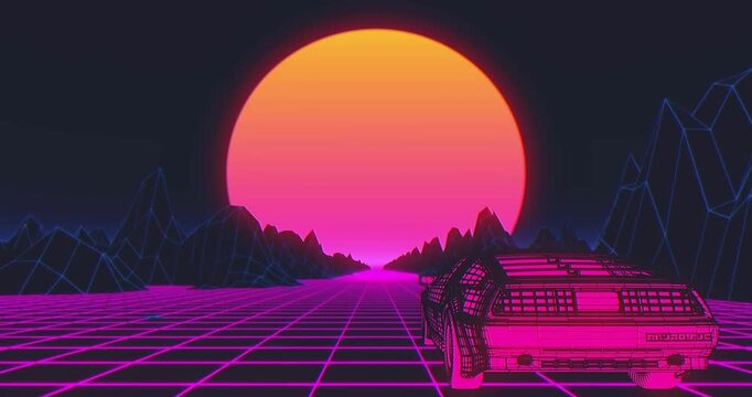 Car Retro sunset skyline 80s purple Futuristic Neon Background cyberpunk synth retrowave supercar