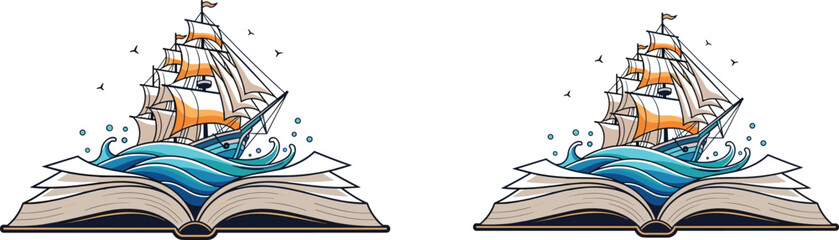 Fantasy sailing ship emerging from open book with ocean waves, imagination and storytelling concept, creative literature vector illustration isolated © Jahangir