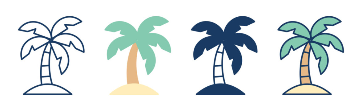 Tropical palm tree icon set with outline, flat, and silhouette styles. Perfect for summer vacation, beach travel, and minimalist graphic designs. Clean, modern, and versatile vector elements