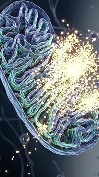 Mitochondria cell organelle producing ATP energy inside, folded membrane cristae releasing energy through cellular respiration, biochemistry biology science cellular respiration membrane function