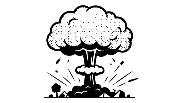 Black and white illustration of a mushroom cloud explosion with atomic bomb explosion disaster shockwave illustration
