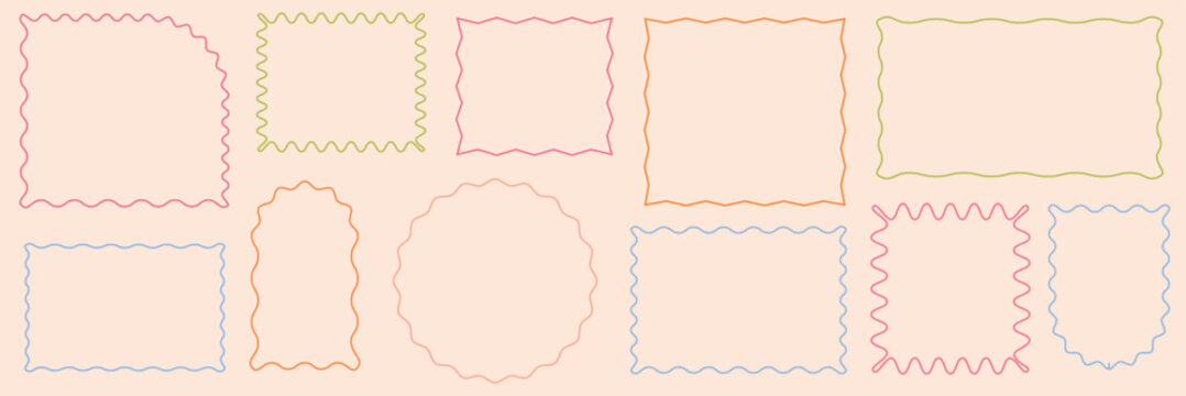 Doodle coastal frame set, hand drawn colorful border collection. Minimal hand drawn square arch and rectangle shapes kit. Elegant retro empty banner, poster, placard, postal stamp. Vector frame decor.