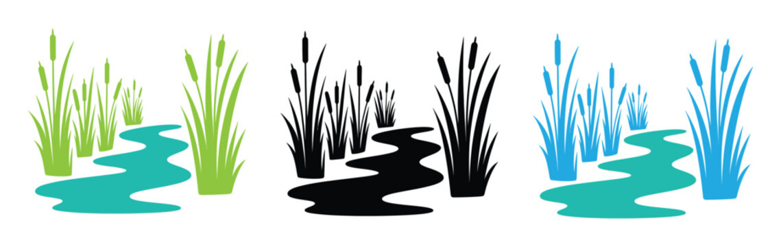 cattail plant icon. cattail reeds marsh plant water grass icon vector. Silhouette of cattails and over calm water. cattail icon set silhouette ,Vibrant cattails in various hues for nature-inspired des