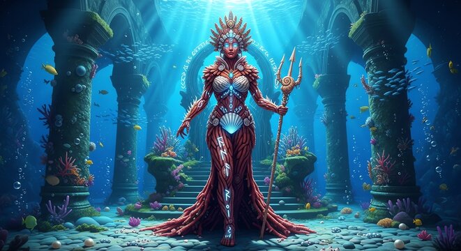 Underwater goddess statue with ancient ruins