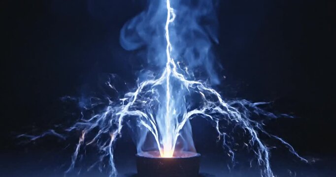 Dramatic lightning bolt emanating from a dark, mysterious cauldron against a black backdrop