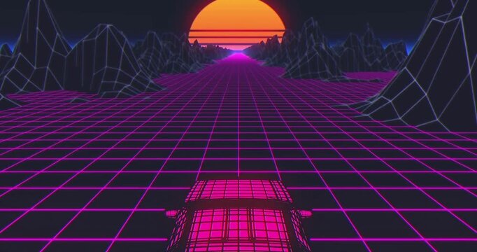 Car Retro sunset skyline 80s purple Futuristic Neon Background cyberpunk synth retrowave supercar
