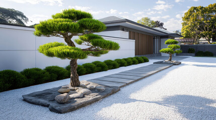 Obraz premium A serene outdoor scene featuring a meticulously landscaped garden, showcasing a modern home in the backdrop. The garden is adorned with carefully pruned trees and stone path leading toward the house