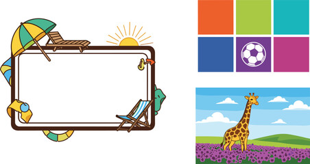 Summer vacation frame with beach elements, empty banner for text, colorful icons and giraffe landscape illustration, travel and holiday design in flat vector style © Jahangir