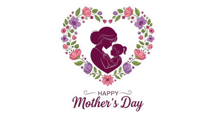 Obraz premium Mother's Day, heart floral wreath, mother and child silhouette, Happy Mother's Day greeting, vector icon