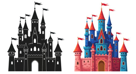 Obraz premium Fantasy Castle Silhouette and Colorful Illustration