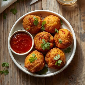 Monsoon special Moong Dal Vada, Pakoda, Dalwada, Pakora or Mungdal Bhajiya or Yellow Split Gram Fritters Served with Green Chutney. selective focus