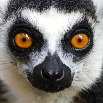 A close-up of a lemur's face with striking orange eyes (1)