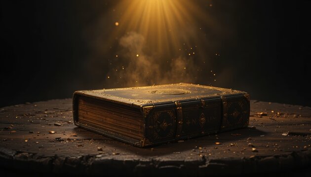 An old, ornate book rests on a cracked surface, illuminated by dramatic golden light from above, creating a mystical and ancient atmosphere.