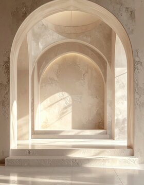 Elegant beige stone arches with soft natural light casting shadows, creating a serene and timeless architectural space.