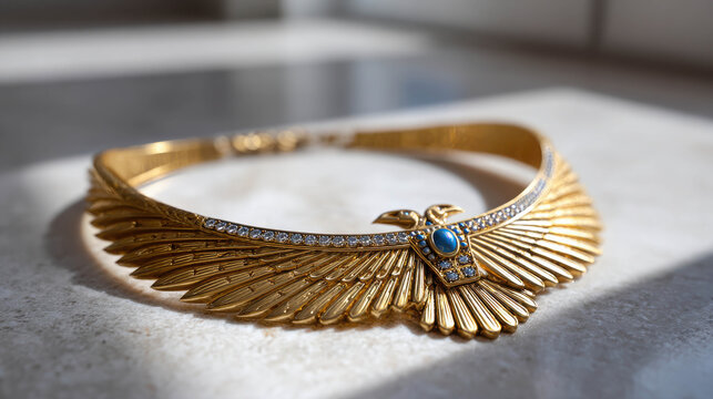 A stunning and detailed view of an intricate golden necklace on display