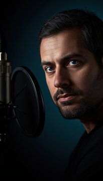 Close-up portrait of a serious man with a beard speaking into a professional microphone against a dark background.