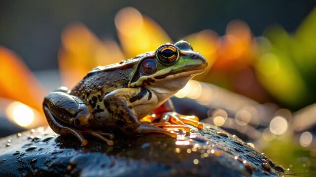 Close-up of a vibrant frog on a wet rock with sparkling bokeh background