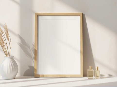Minimalist wooden frame with blank white paper stands on a white surface beside a white vase with dried plants and two small perfume bottles, bathed in natural light.