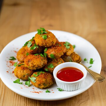 Monsoon special Moong Dal Vada, Pakoda, Dalwada, Pakora or Mungdal Bhajiya or Yellow Split Gram Fritters Served with Green Chutney. selective focus