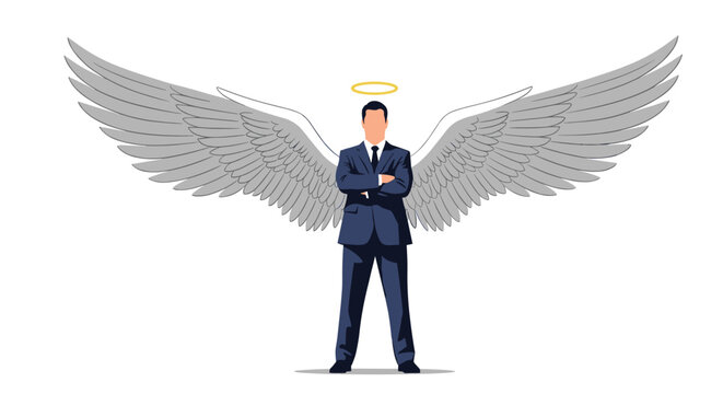Confident businessman standing with arms crossed wearing large grey angel wings and a glowing gold halo above.