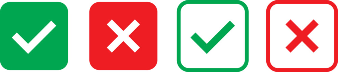 Obraz premium Check mark icon set. Check box icon with right and wrong buttons, yes or no checkmark icons. green tick box and red cross symbol. Check box icon with right and wrong buttons