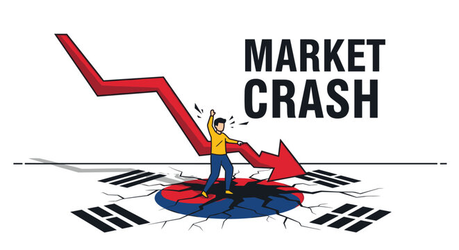 Economic market crash concept with a red downward arrow and a cracked floor showing the national flag of South Korea.