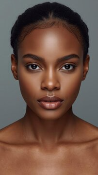 A close-up portrait of a young woman with smooth, glowing skin, perfectly shaped eyebrows, and glossy lips against a neutral gray background.
