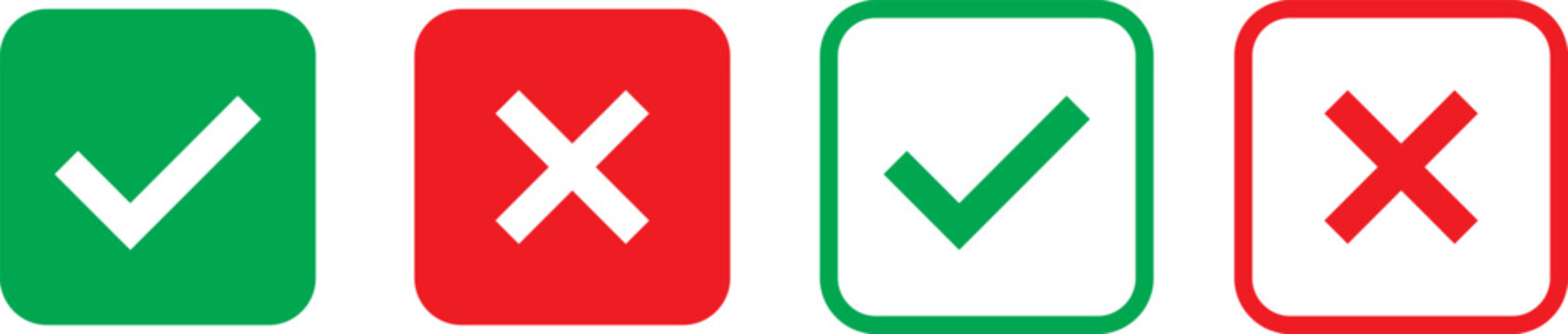 Check mark icon set. Check box icon with right and wrong buttons, yes or no checkmark icons. green tick box and red cross symbol.  Check box icon with right and wrong buttons