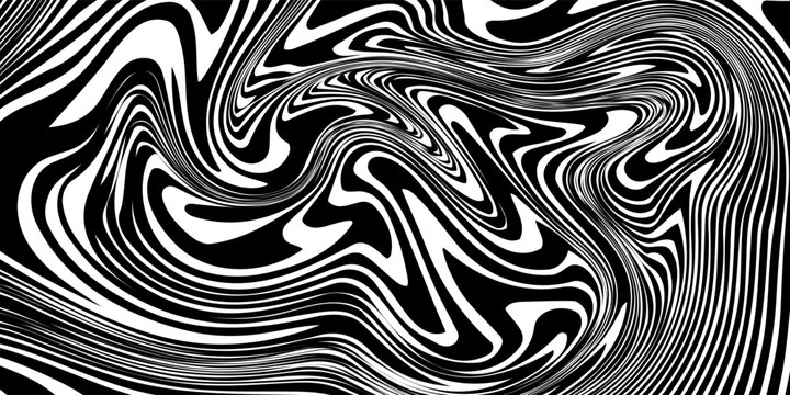 Abstract stripe wave with black and white line pattern. 3d optical op art background in trendy Y2k psychedelic style. Vector illustration
