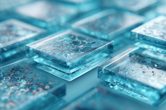 Microscope Slide Specimen with Molecular Lattice in Cool Cyan Lab Light