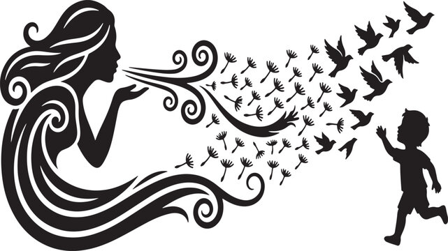 Mother as wind personification blowing dandelion birds for child