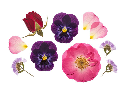 Artistic arrangement of delicate pressed dried flowers including a rose bud and purple pansies isolated on transparent background