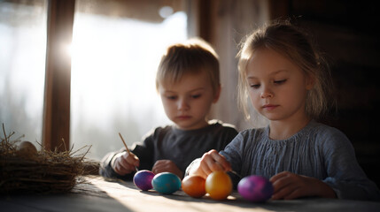 Fototapeta premium A charming scene of two children enthusiastically coloring Easter eggs by the window. They are both engrossed in their activity