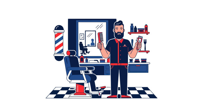 Barber with Beard, Clippers, and Comb in Vintage Barber Shop