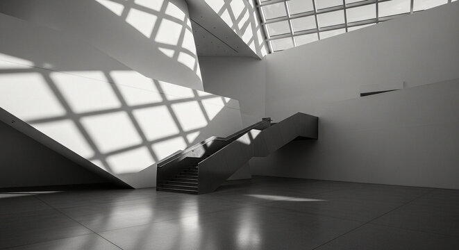 Minimal white architectural interior with dramatic window shadows and staircase, modern design concept for premium stock imagery.