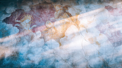 Naklejka premium An artistic mural painting depicting figures within clouds, bathed in sunlight. The painting has a sense of timelessness and wonder