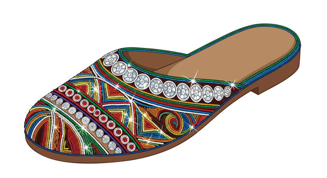 Vibrant beaded mule shoe with sequins and colorful embroidery on white background