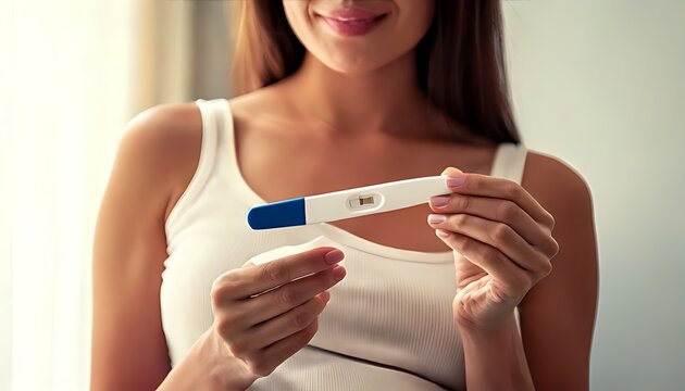 A woman holds a pregnancy test, smiling slightly. Focused on the test result, light from window