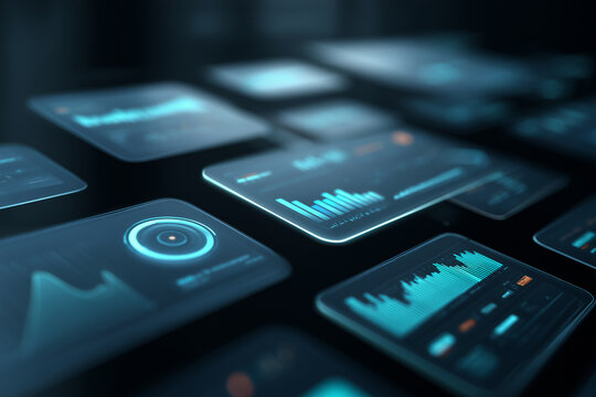 Abstract fintech dashboard scene with floating interface cards and clean copy space